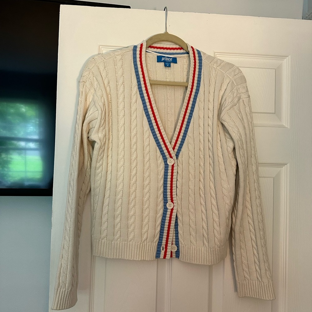 Target x Prince Cream and Red Cable Knit Cardigan Sweater